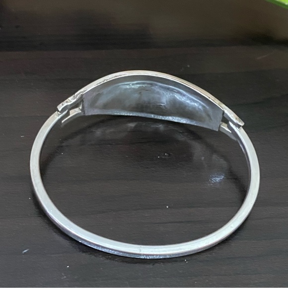 Vintage Alpaca Mexico Mexican Silver Mother of Pearl Inlaid ID Cuff Bracelet - Picture 9 of 13